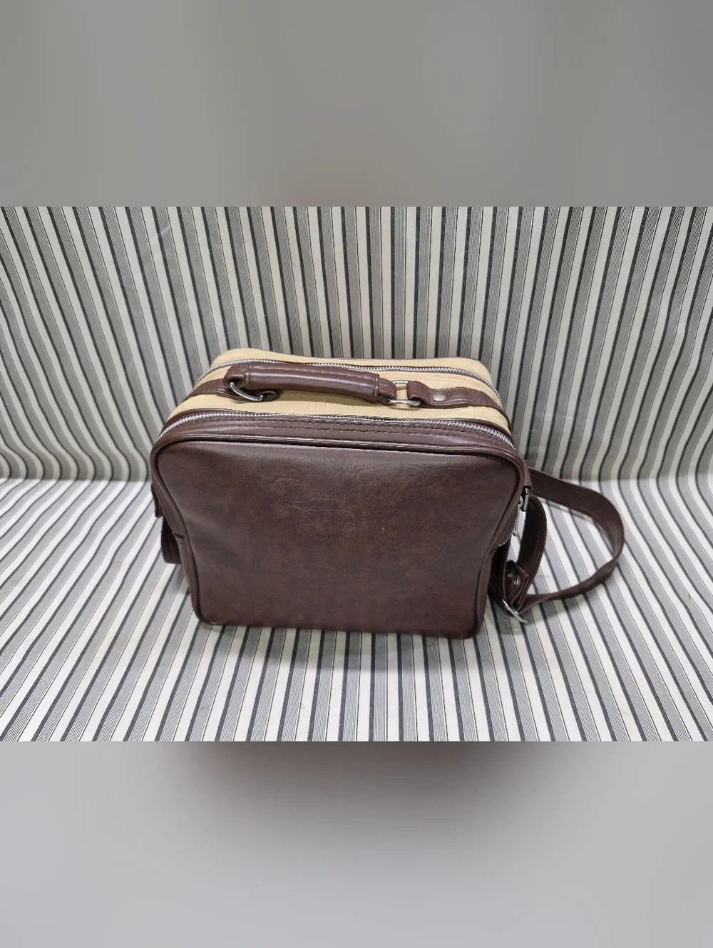 Vintage Camera Bag Canvas & Brown Leather Crossbody Multi Pocket